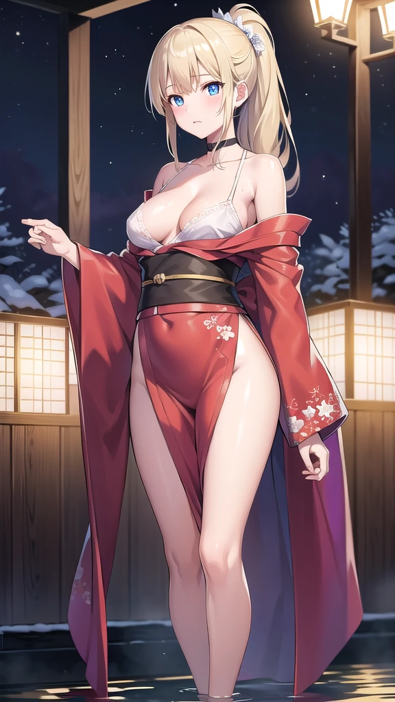 beatrixamerhauser, beatrix amerhauser, long hair, blue eyes, blonde hair,ponytail, (medium breast:1.2),
BREAK japanese clothes,red kimono,wet kimano, yukata,cleavege,neckline,black choker,
BREAK looking at viewer,
BREAK outdoors, onsen,night,steam,wet,stars,starfall,hot water,
BREAK (masterpiece:1.2), best quality, high resolution, unity 8k wallpaper, (illustration:0.8), (beautiful detailed eyes:1.6), extremely detailed face, perfect lighting, extremely detailed CG, (perfect hands, perfect anatomy),full body,transparent kimano,long legs,from below,