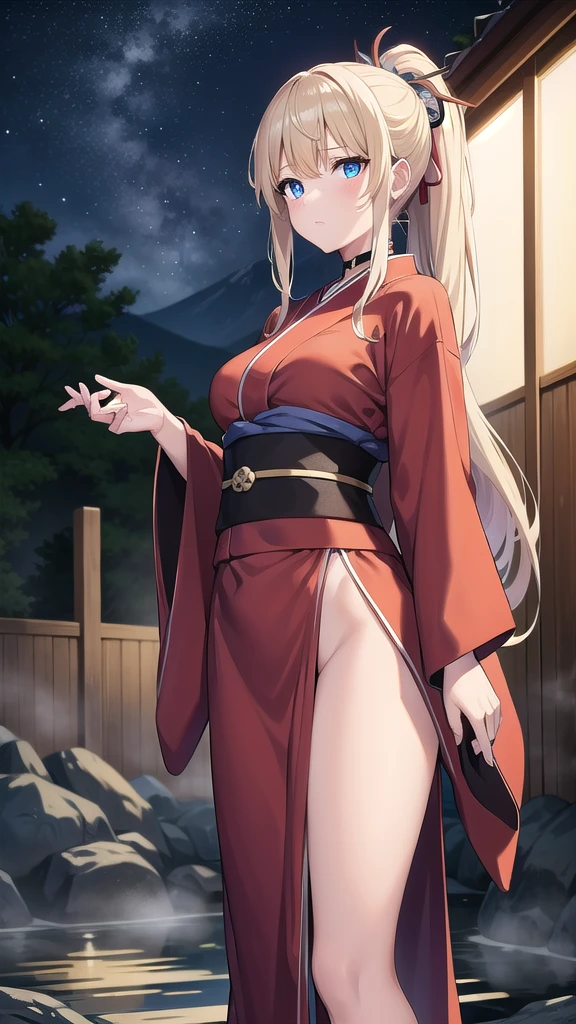 beatrixamerhauser, beatrix amerhauser, long hair, blue eyes, blonde hair,ponytail, (medium breast:1.2),
BREAK japanese clothes,red kimono,wet kimano, yukata,cleavege,neckline,black choker,
BREAK looking at viewer,
BREAK outdoors, onsen,night,steam,wet,stars,starfall,hot water,
BREAK (masterpiece:1.2), best quality, high resolution, unity 8k wallpaper, (illustration:0.8), (beautiful detailed eyes:1.6), extremely detailed face, perfect lighting, extremely detailed CG, (perfect hands, perfect anatomy),full body,transparent kimano,long legs,from below,