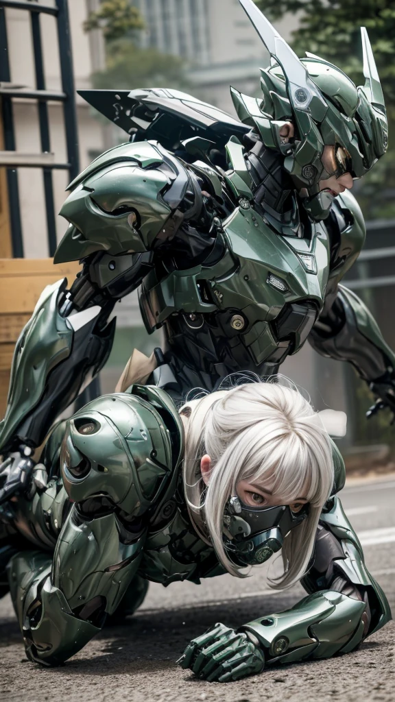 Textured skin, Super detailed, Attention to detail, high quality, 最high quality, High resolution, 1080P, hard disk, beautiful,(War Machine),beautiful cyborg middle aged woman,Mecha Cyborg Girl,(Dark green armor)((Major damage)),Woman with a mechanical body、She is wearing a futuristic combat weapon mecha,Full Body Shot、Full Face Helmets(Only the eyes are visible)(Painful expression)、The damage was enormous、A lot of sweat on the face、cute、gas mask、Lying on the ground、(fall to the ground on your back)Smoke from the mouth、is visible、Full of body slander.、My whole body was injured.、Smoke comes from the whole body