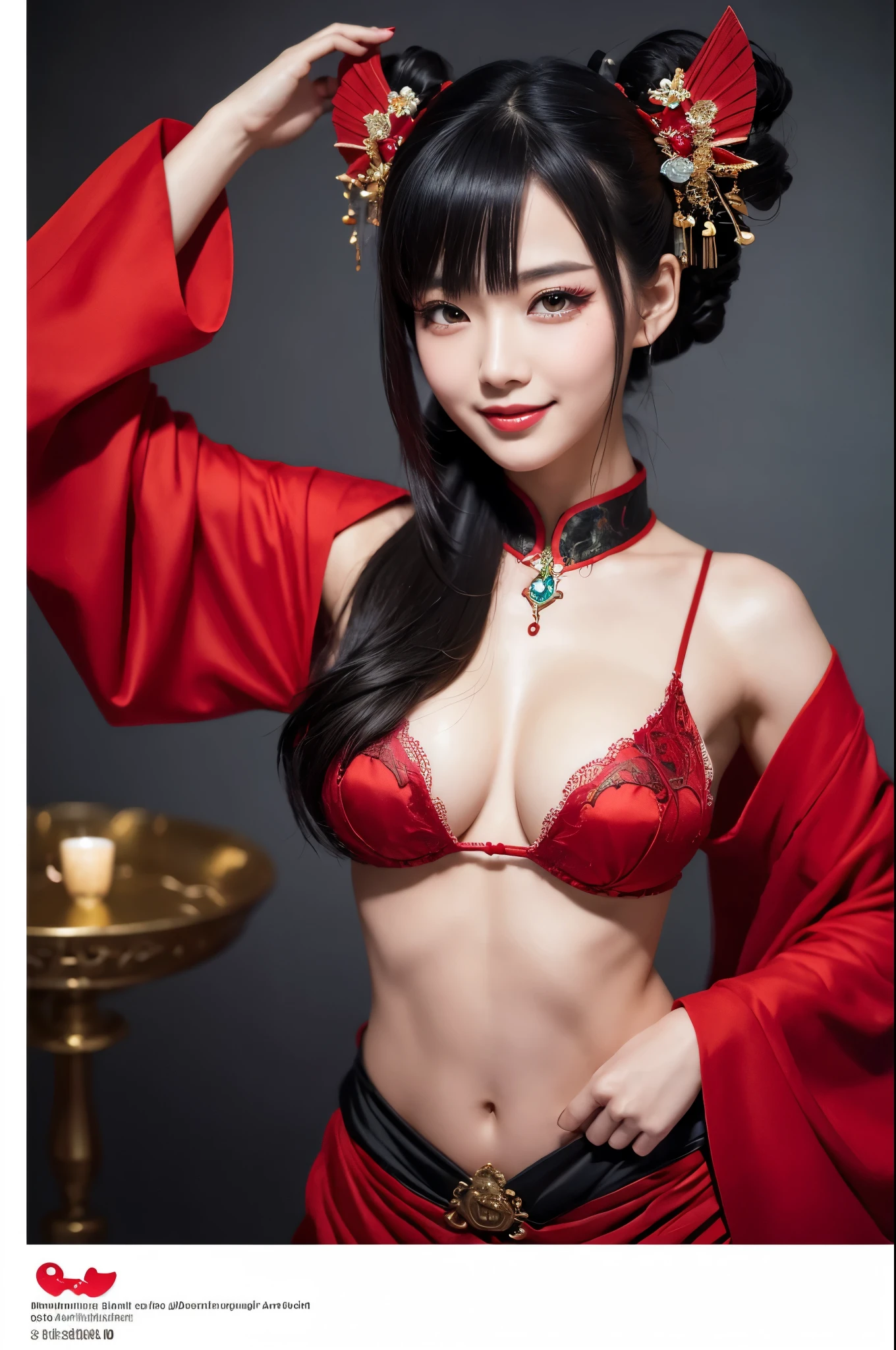 8K,Himiko,Black-haired Asian empress poses for photos in sexy red and black courtesan outfit, Japanese God, Beautiful fantasy empress, so beautiful(A vivid face),Red lipstick,Gorgeous courtesan costume,Flashy makeup,Long black hair,Red eyes,Accurate details of the five fingers,Tattoo on left chest,hair ornaments,laughing out loud,Surreal,Realistic looking skin,Bold personality,Very large breasts,Red tattoo on left cheek,kimono,kimono,Luan Jia and Artgerm, Highly detailed artwork, 8K high quality detailed art,Inside the Labyrinth Dungeon,Beautiful expression Ultra-high resolution, Trending on cgstation, Wallop and Artgerm,Muscular and slim body,Big muscular chest,Muscular and slender lower body,charm,Battle Scenes,Combat pose,Action Scenes,Action pose,Fantasy art,Character Art,Fighting with fans,Rich colors, Backlight, Cinema Lighting, Film Grain, to be born, 50mm lens, Nikon D850,Ultra-high resolution,Surreal,Compensate,Photorealistic RAW photos of the highest quality。Bright colors,Image of a perfect woman,Sexy Courtesan Costume,