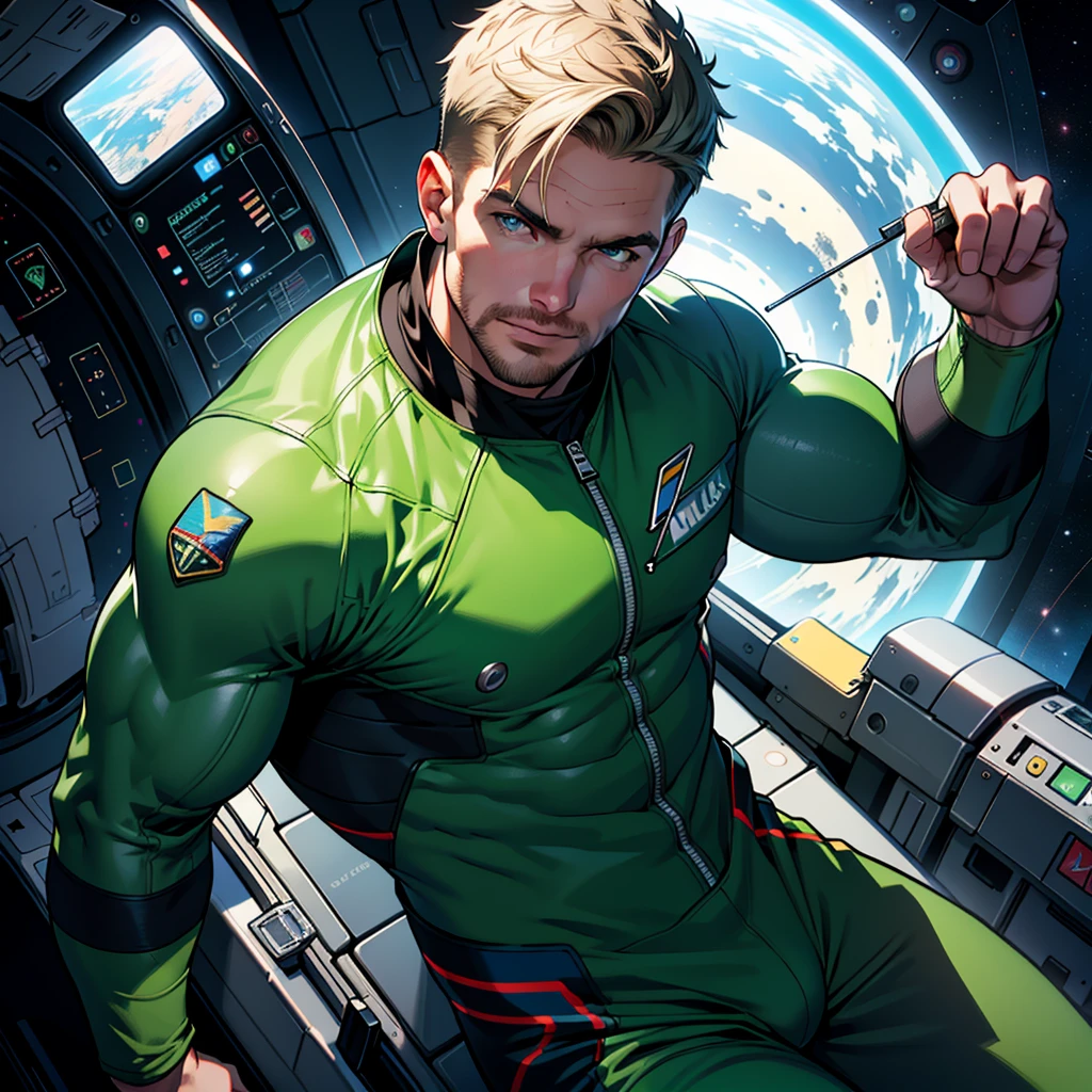 32k,masterpiece, best quality, detailed face, natural eyes,1man, solo mature man, muscled and mature, stephen amell as an astronaut wearing future space suit, dark green suit, showing muscles and bulge ,floating in the space inside a space shuttle , with "arrow" text and logo on his suit ,  full body, intricate Detailed background 