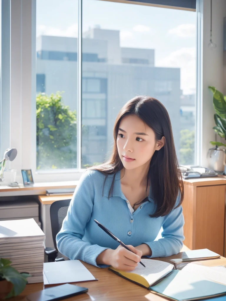 In a crowded office,beside,A Chinese beauty is concentrating on her work,The background is blue sky and white clouds outside the window,Suggesting that indoor air quality is equally important