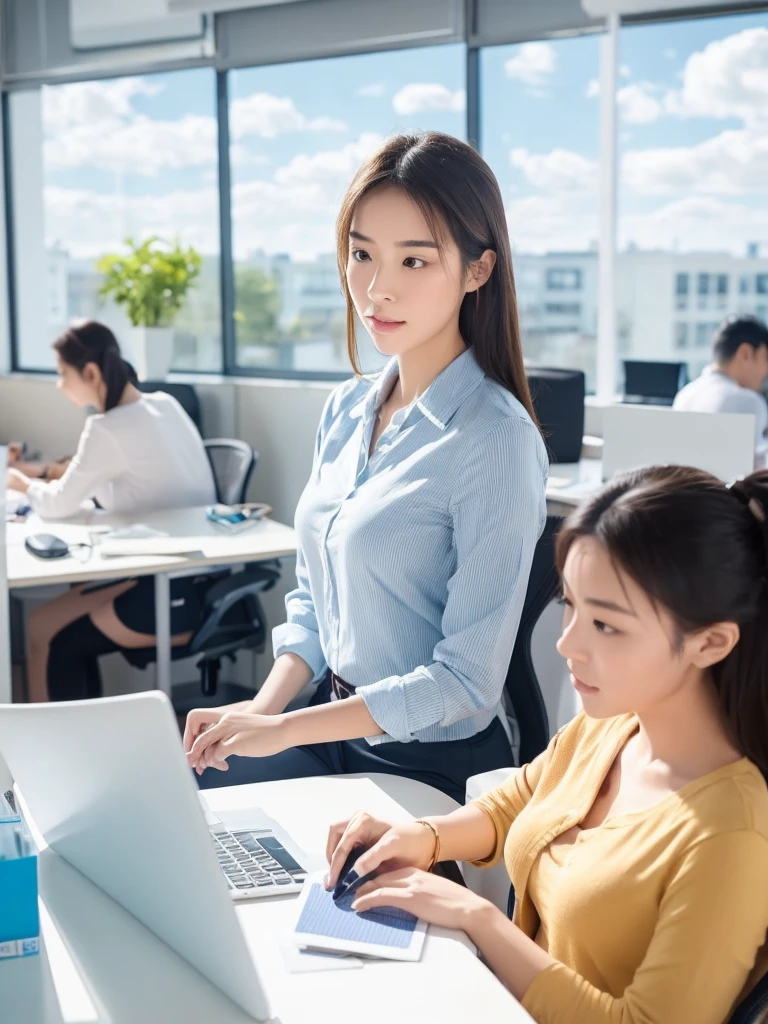 In a crowded office,beside,A Chinese beauty is concentrating on her work,The background is blue sky and white clouds outside the window,Suggesting that indoor air quality is equally important