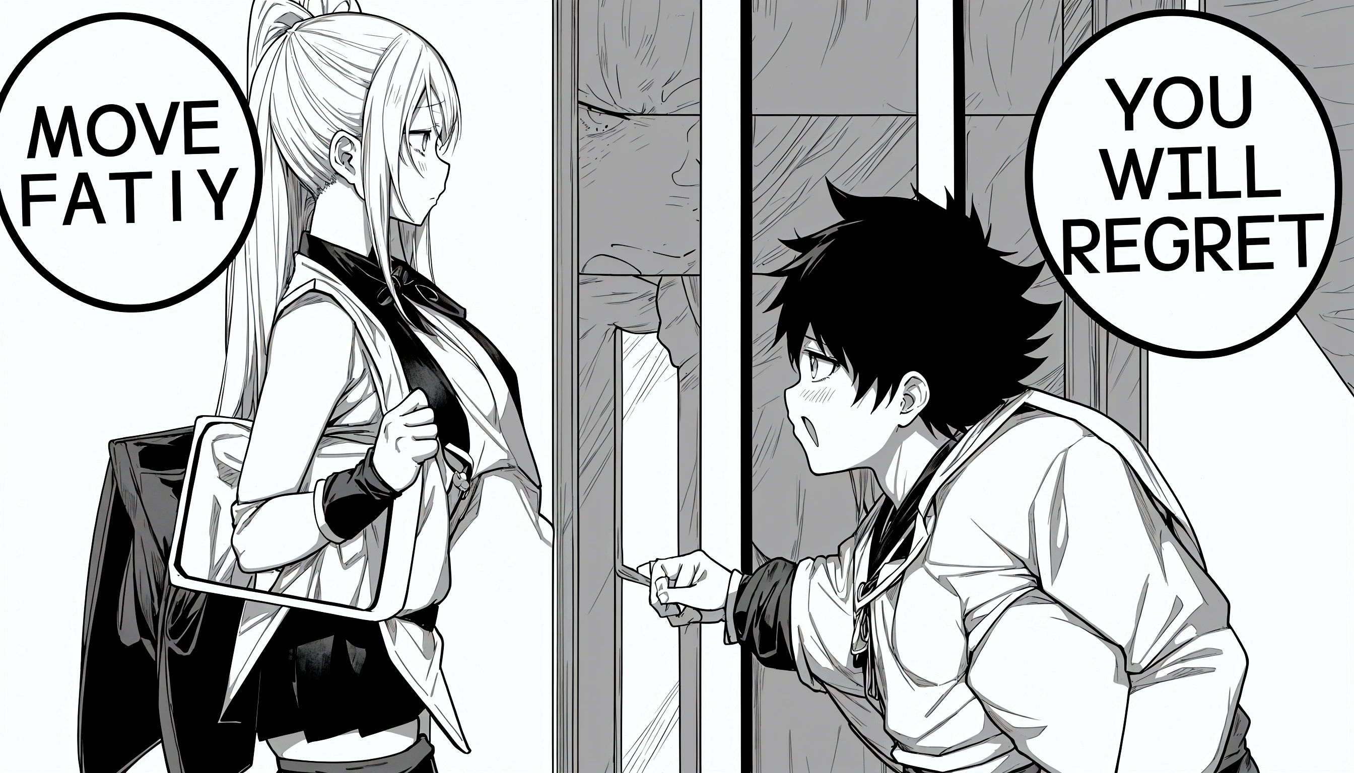 anime girl and boy with signs saying move fatty you will regret, black and white manga panel, black and white manga page, black and white manga style, black and white manga, black and white manga comic, isekai manga panel, award winning manga style, manga panel, manga panels, detailed manga style, from cryptid academia, manga page, 