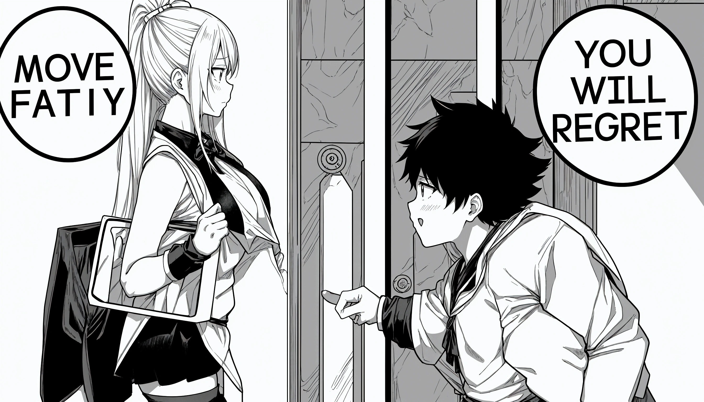 anime girl and boy with signs saying move fatty you will regret, black and white manga panel, black and white manga page, black and white manga style, black and white manga, black and white manga comic, isekai manga panel, award winning manga style, manga panel, manga panels, detailed manga style, from cryptid academia, manga page, 