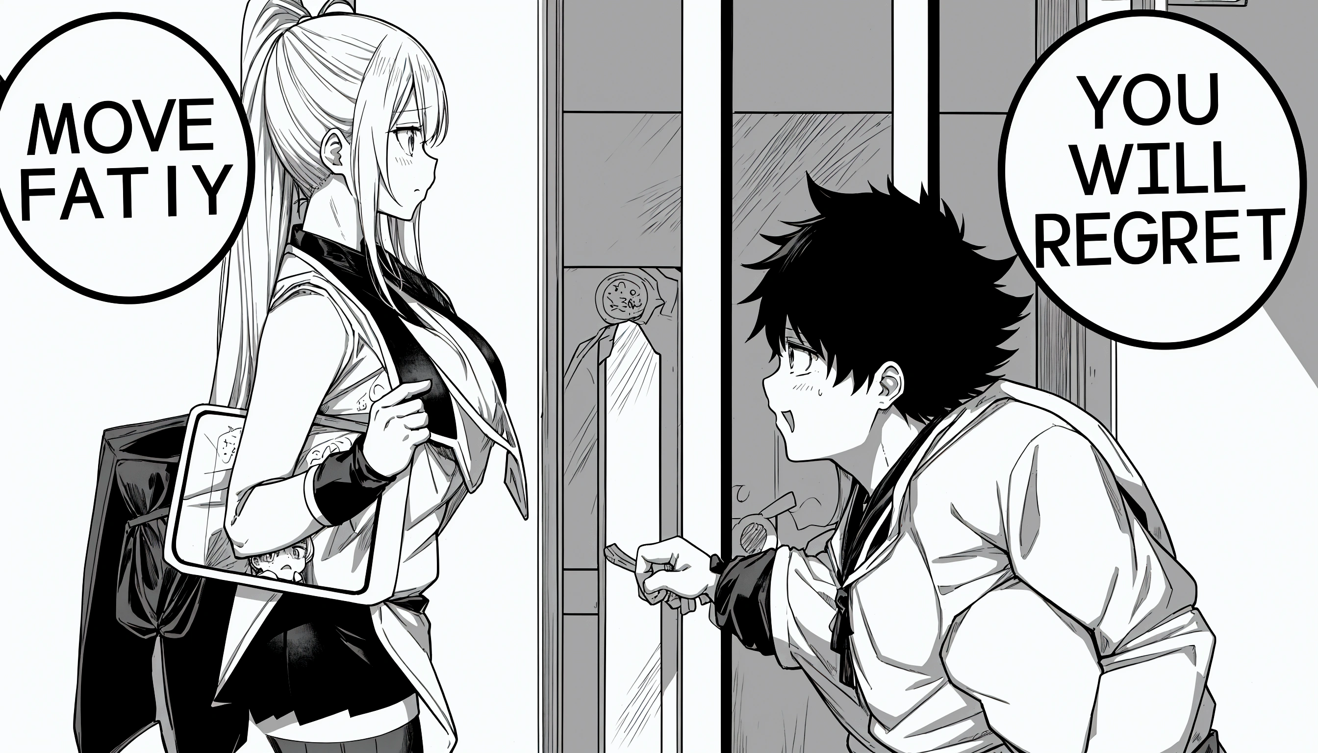anime girl and boy with signs saying move fatty you will regret, black and white manga panel, black and white manga page, black and white manga style, black and white manga, black and white manga comic, isekai manga panel, award winning manga style, manga panel, manga panels, detailed manga style, from cryptid academia, manga page, 