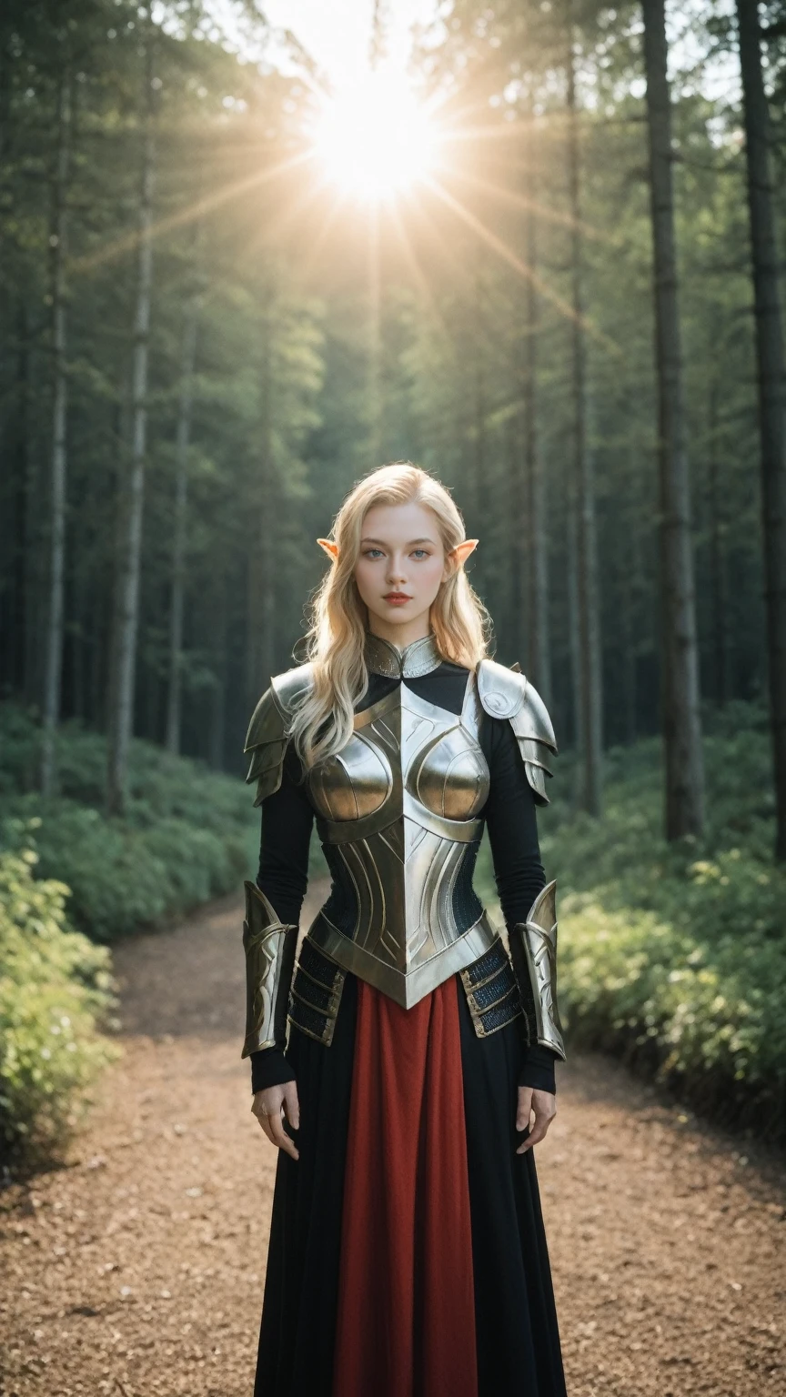 realistic,score_9, score_8_up, score_7_up,
masterpiece, a beautiful elf, Adriana Malkova, (delicate filigrane Black armor), (medium breasts), (perfect body), (blondes, length hair), outside, (Skin texture:1.1), ultra high resolution, RAW-Foto, Nikon D850, Contre-Jour, rim light, bright sunlight, film grain:1.2, (warm hue, warmer Ton:1.2), (color photo), Fantasy, in a red dream world, red forest, in a red forest, amazing depth, red mood in background, shades of red, photography,sexy pose