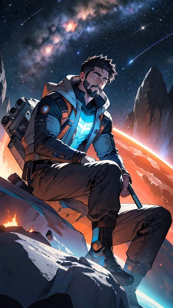 Draw a young programmer, sitting on a research platform floating in the middle of an asteroid belt. He is studying with a notebook, surrounded by several asteroids glowing with fiery auras. Dramatic lighting from distant stars and planets illuminates the scene, casting deep shadows on the suit. The young man looks confident and determined, looking at the vast and mysterious universe with wonder and respect,facial hair, cowboy shot,