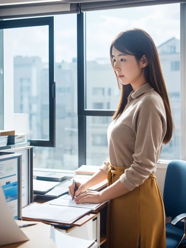 In a crowded office,beside,A Chinese beauty is concentrating on her work,The background is blue sky and white clouds outside the window,Suggesting that indoor air quality is equally important