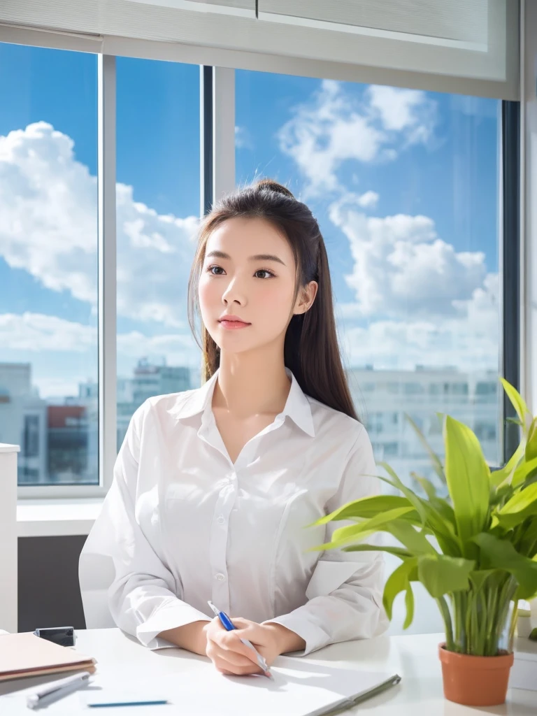 In a crowded office,beside,A Chinese beauty is concentrating on her work,The background is blue sky and white clouds outside the window,Suggesting that indoor air quality is equally important