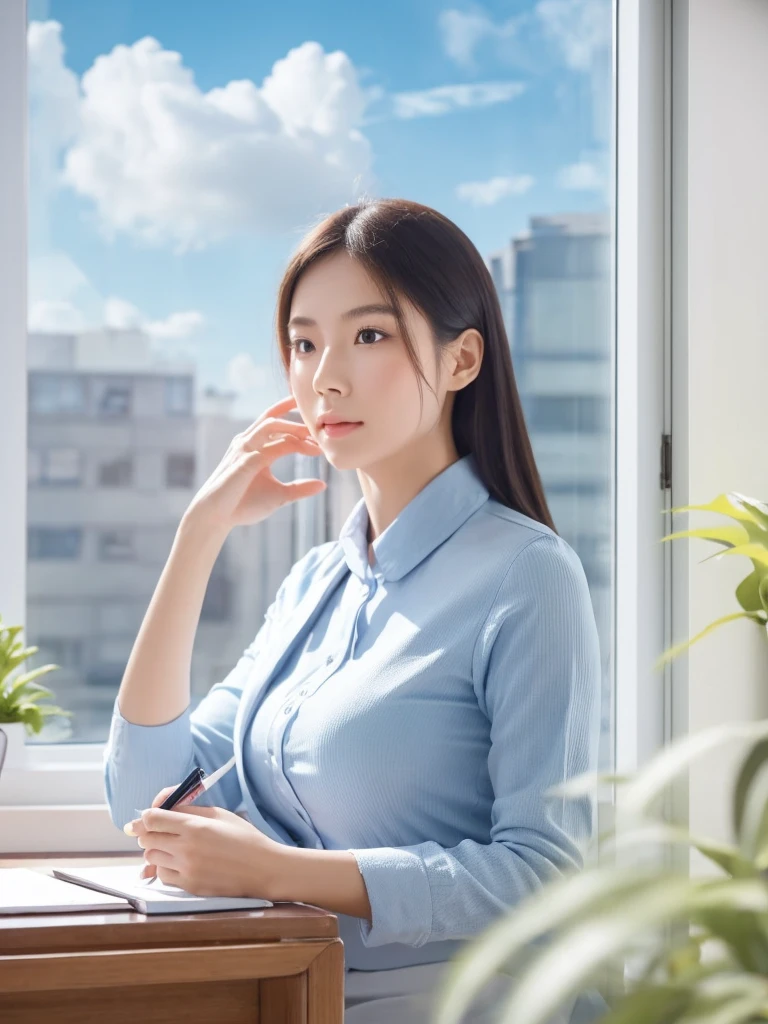 In a crowded office,beside,A Chinese beauty is concentrating on her work,The background is blue sky and white clouds outside the window,Suggesting that indoor air quality is equally important