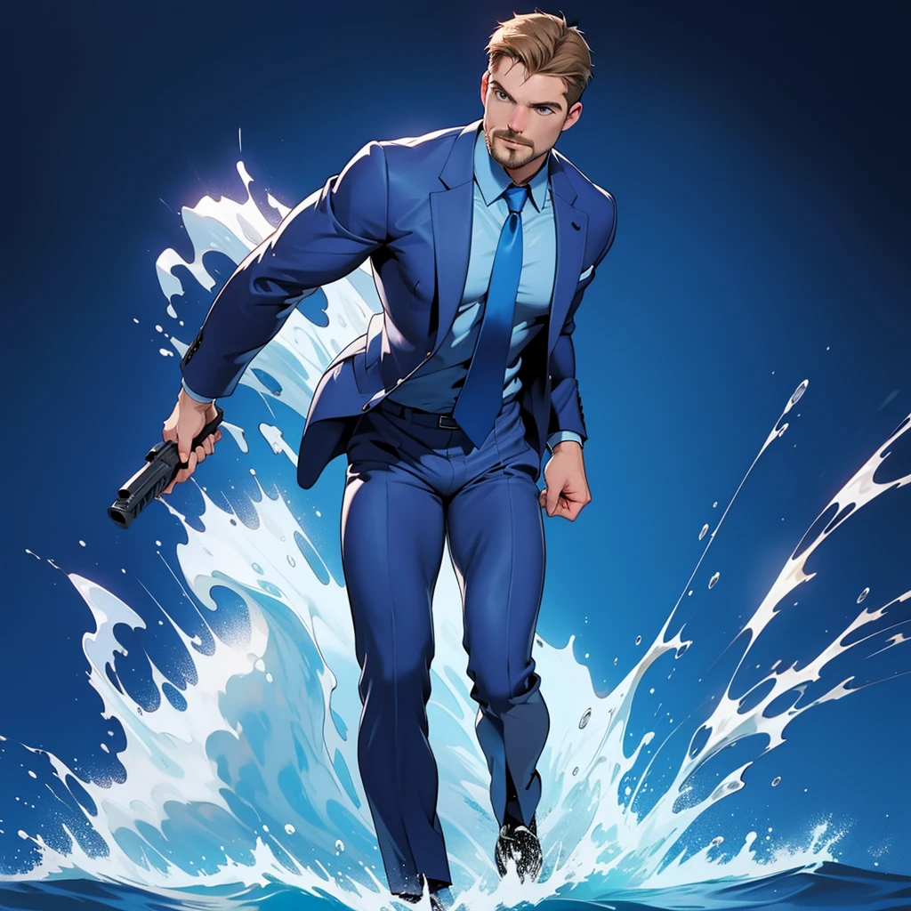 1 man, male focus solo, middle aged man,Stephen AMELL as private investigator, lean muscle,very light blue shirt, marine blue businessman suit ,( red tie) ,( big bulge), full body shot, dark blond short hair, well groomed facial hair, holding a gun with one hand, , ultra high quality, masterpiece, (clear intense splashed blue and white paint in the blackground)