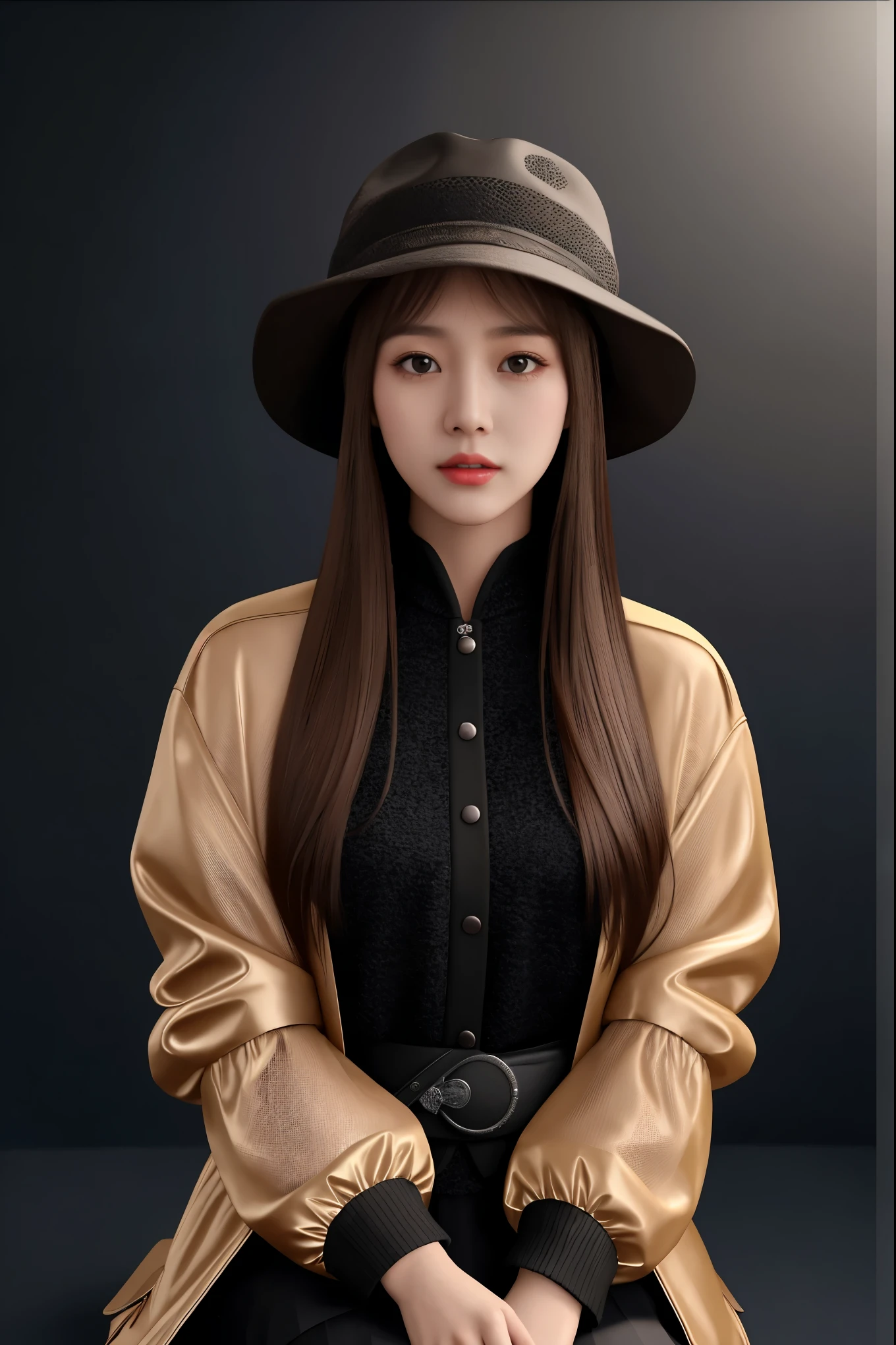 1girl, solo, hat, brown hair, sitting, looking at viewer, see-through, long hair, black headwear, skirt, jacket, brown eyes, bangs, detailed face, cinematic lighting, intricate details, photorealistic, 8k, high quality, masterpiece