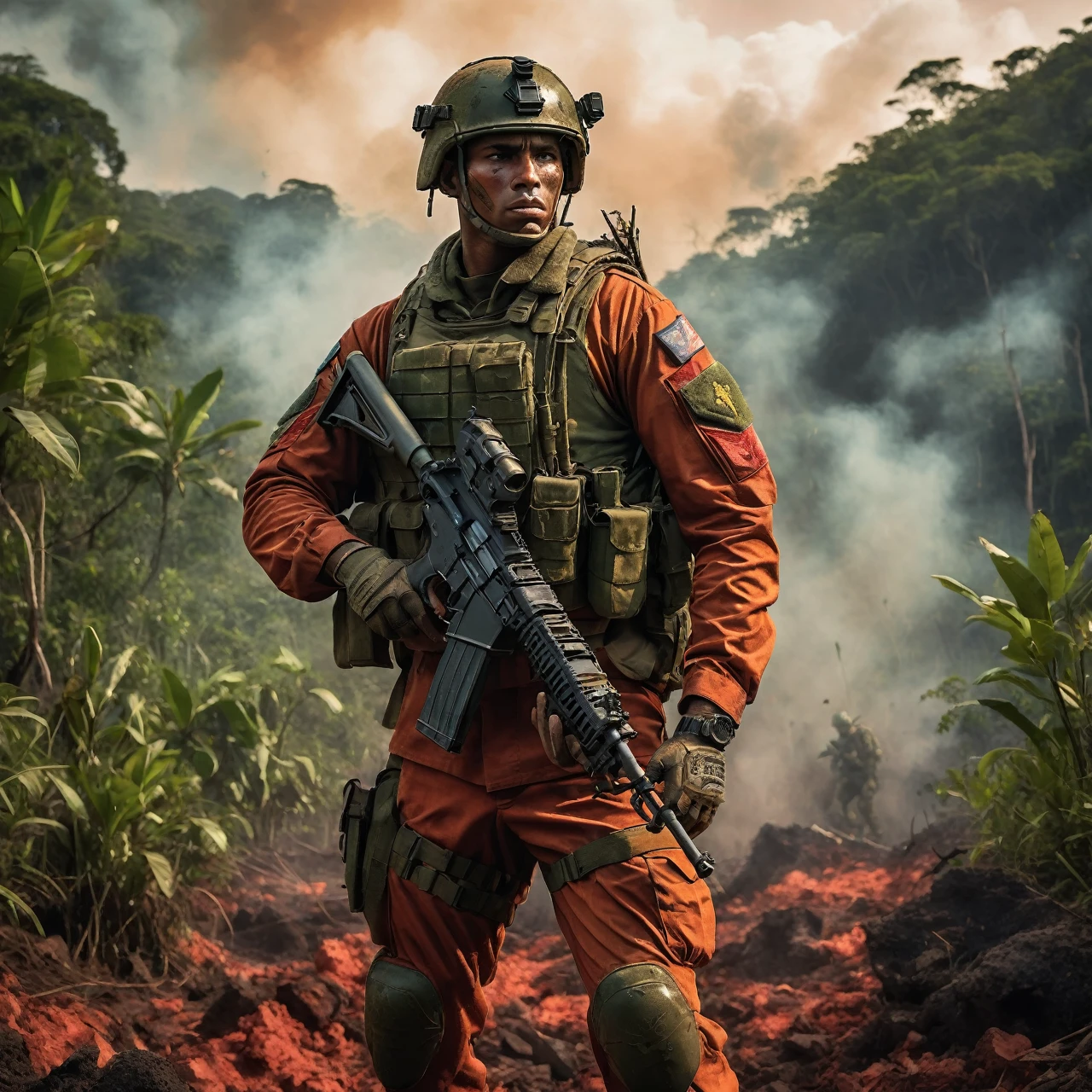 bright green light. The soldier stands tall on a rugged terrain, surrounded by dense tropical vegetation. The sky above is painted in fiery shades of red and orange, with billowing clouds of smoke and ashes. This masterpiece showcases the soldier's unwavering determination and the strength of the Brazilian spirit as the flag flutters proudly in the wind. The scene depicts the soldier in a heroic pose, his piercing blue eyes focused and intense. The intricate details of his face, from his chiseled jawline to his prominent cheekbones, bring forth a sense of grit and resilience. His lips are set in a firm line, exuding a fiercely determined expression. The soldier's muscular frame is accentuated by the well-fitted nuclear suit, which shines with a metallic sheen. The suit is adorned with intricate designs and patterns that reflect the vibrant Brazilian culture. The AK47 he wields is an extension of his power, its sleek metallic body reflecting the surrounding environment. The vibrant orange color of the suit contrasts beautifully with the lush green foliage, creating a visually striking composition. The natural lighting enhances the scene, casting intriguing shadows that add depth to the soldier's figure. The overall color palette is bold and intense, emphasizing the dramatic nature of the scene. This artwork is an exquisite representation of strength, patriotism, and resilience, capturing the essence of a fierce Brazilian soldier in a vibrant and dynamic setting. The artwork ensures (best quality,4k,8k,highres,masterpiece:1.2),ultra-detailed,(realistic,photorealistic,photo-realistic:1.37) visuals with vivid colors and sharp focus. The lighting further enhances the impact of the scene, highlighting every intricate detail with studio-like precision. With this prompt, Stable Diffusion will generate a visually stunning artwork that embodies the spirit of a fierce Brazilian soldier.