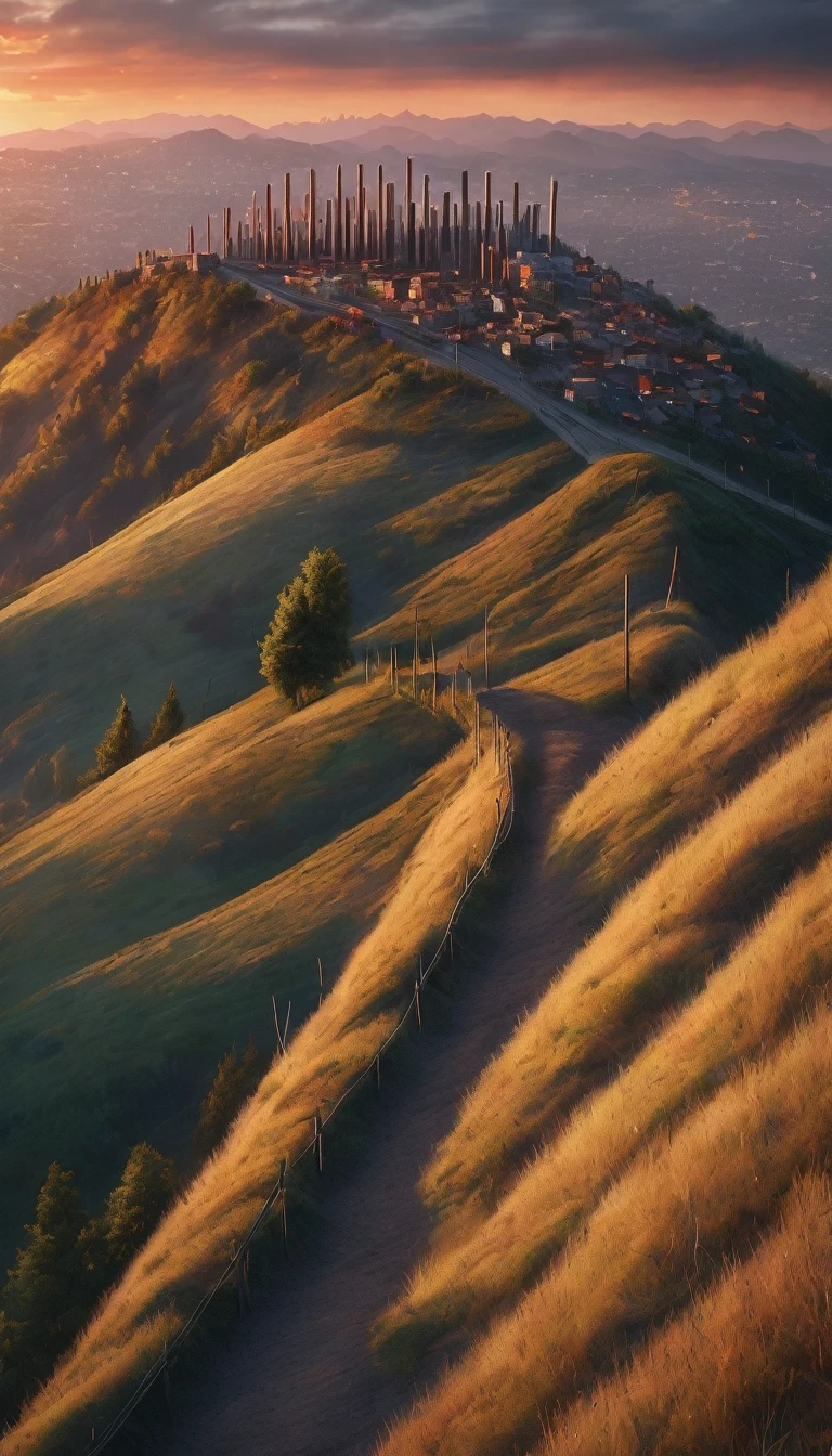 small hill with poles,cityscape,sunset,beautiful sunset from downhill,high definition,photorealistic,8K,ultra detailed,physics-based rendering,studio lighting,dramatic lighting,dramatic colors,beautiful colors,vivid,vibrant,cinematic,moody,atmospheric,landscape,realistic