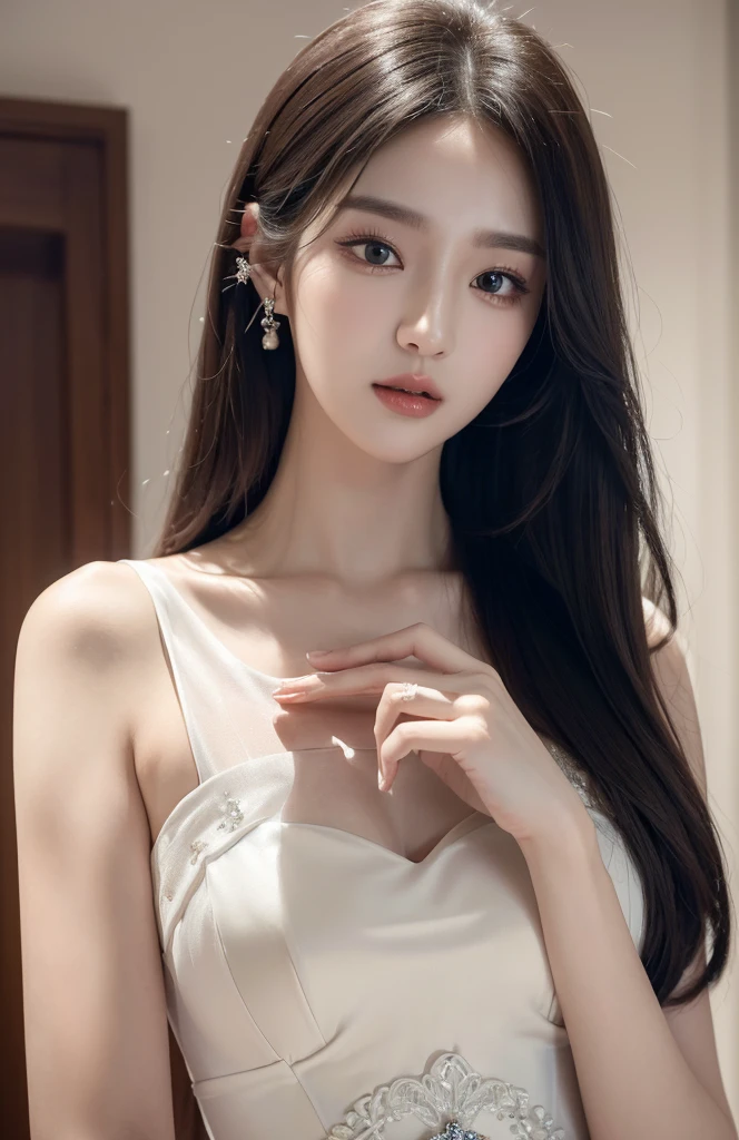 (best quality, 8K, masterpiece, Ultra HD: 1.3), (Korean Idol: 1.3), 1 , (: 1.2), (Long hair), Perfect body, Beautifully, beautiful eyes, Double eyelids, Very thin hands, Ultra-thin fingers, ((Korean wedding dress)),开衫elegant , detailed , elegant , Luxury hotel 5 stars,,