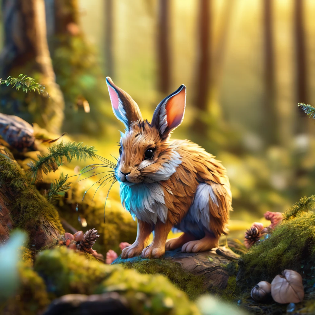 Wolpertinger from Fuchs + Hase + mouse + in bright colors , Background forest clearing, realistic representation, adorable, fluffy