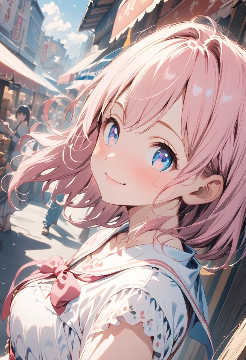 (masterpiece, Highest quality:1.2), One girl, alone,One girl, lillia, One Girl、Pink long hair、blue eyes、White dress with black lace、large pink ribbon on the chest、 Cinematic Views, Portraiture,, Cute Smile, Dynamic Angle, Pink Dress,In a bustling market, Leaning against a stall, Noon, Busy, Eye-level shot, Bright and direct, Character's face, Textured, Lively, anime style, attractive anime, pixiv fan art
