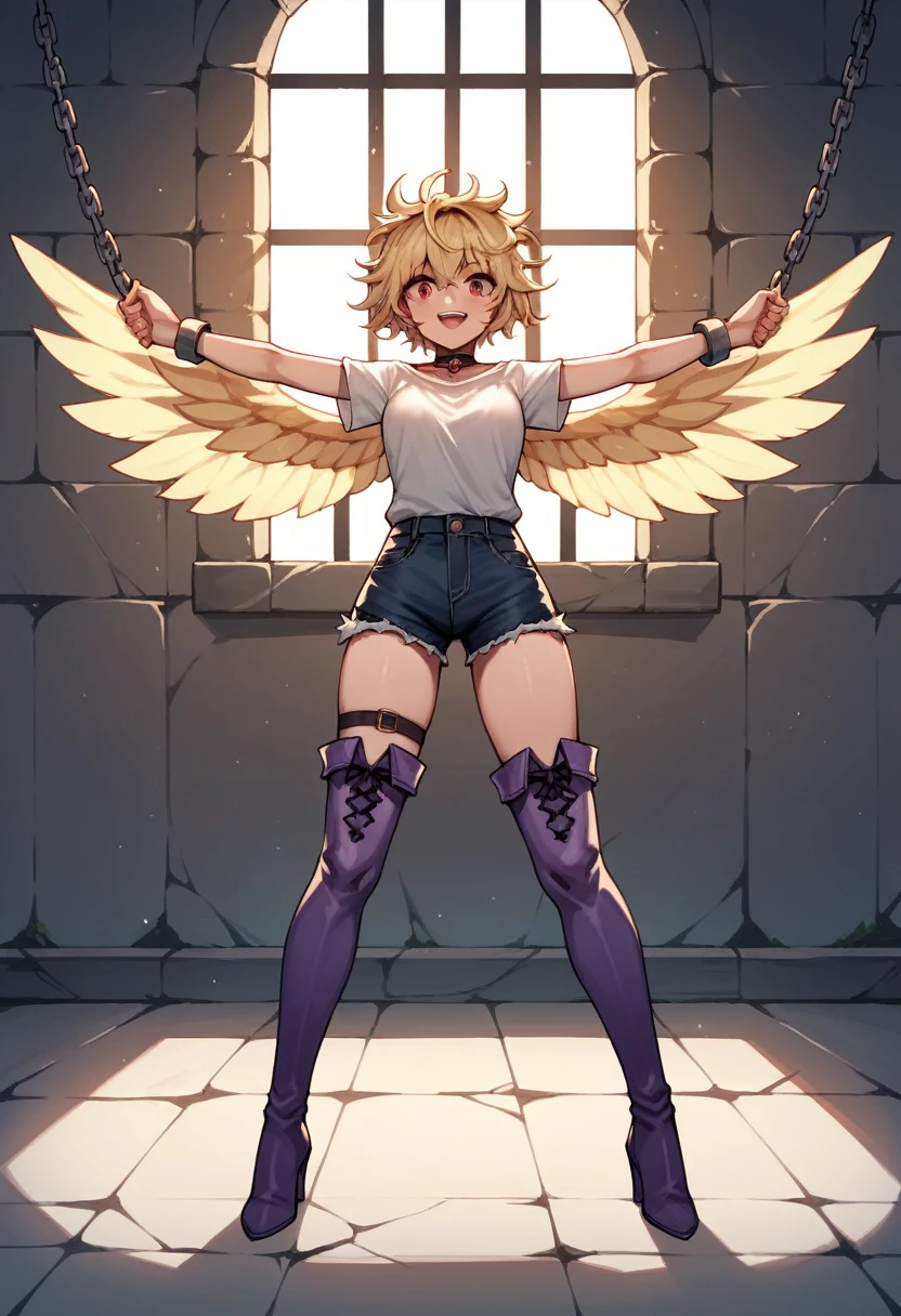 score_9, score_8_up, score_7_up, score_6_up, score_5_up, score_4_up, source_anime, 1girl, blonde hair, red eyes, w-w-chain, spread arms, messy hair, white shirt,shorts,thigh high boots,purple boots,heels,dungeon, best quality, best res, 4K UHD, 8K UHD
 