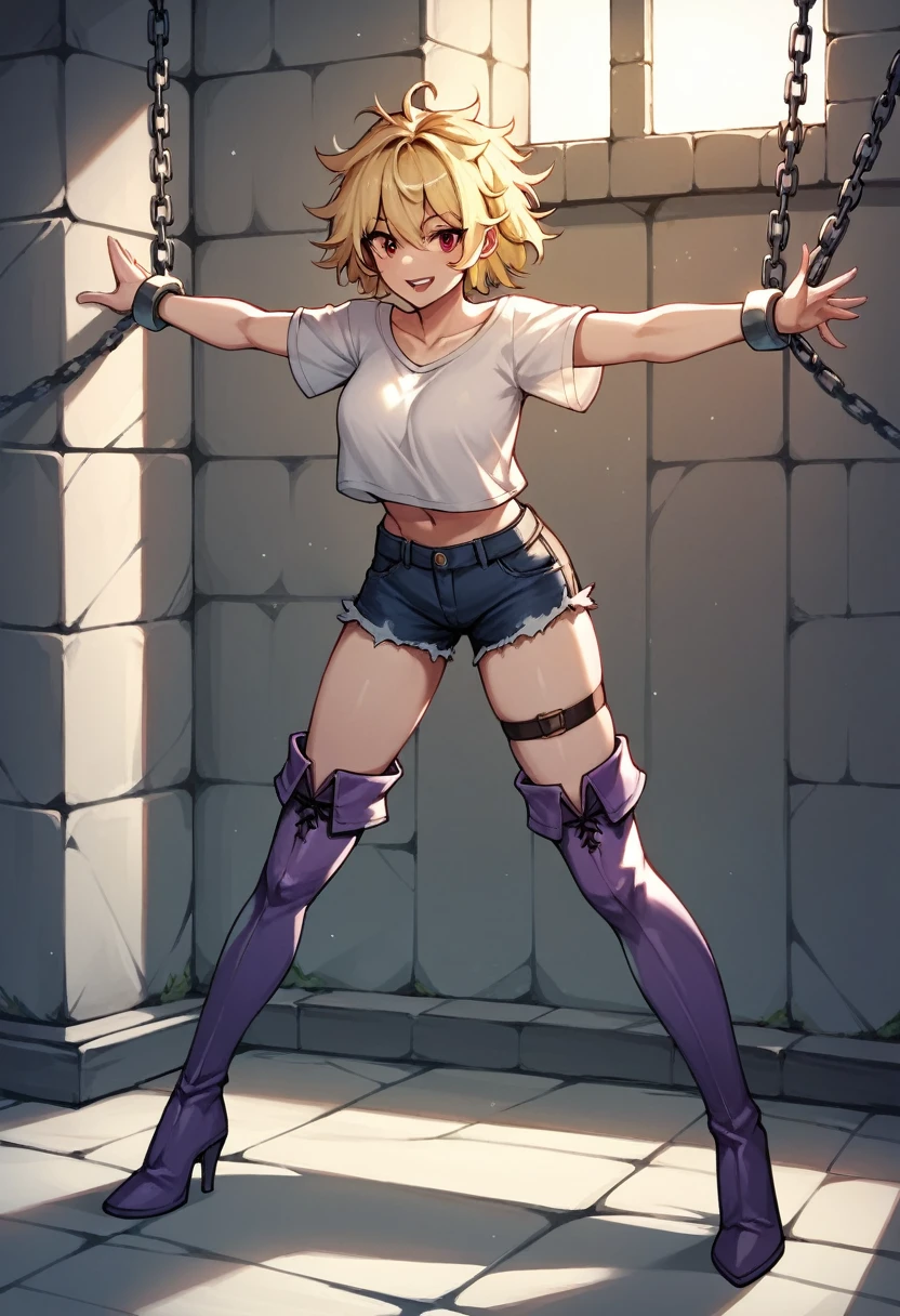 score_9, score_8_up, score_7_up, score_6_up, score_5_up, score_4_up, source_anime, 1girl, blonde hair, red eyes, w-w-chain, spread arms, messy hair, white shirt,shorts,thigh high boots,purple boots,heels,dungeon, best quality, best res, 4K UHD, 8K UHD
 