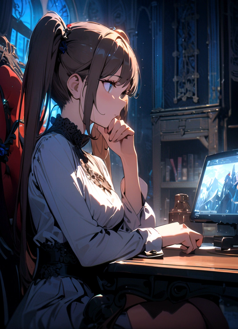 1 Girl, Brown_twintails, sit, Chair, boring, Chin on hand, beautiful eyes,masterpiece, best quality
