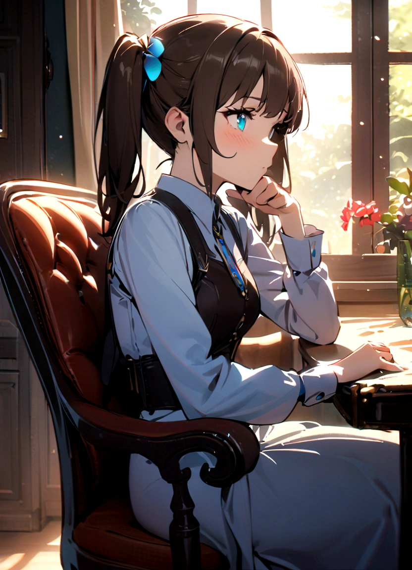 1 Girl, Brown_twintails, sit, Chair, boring, Chin on hand, beautiful eyes,masterpiece, best quality