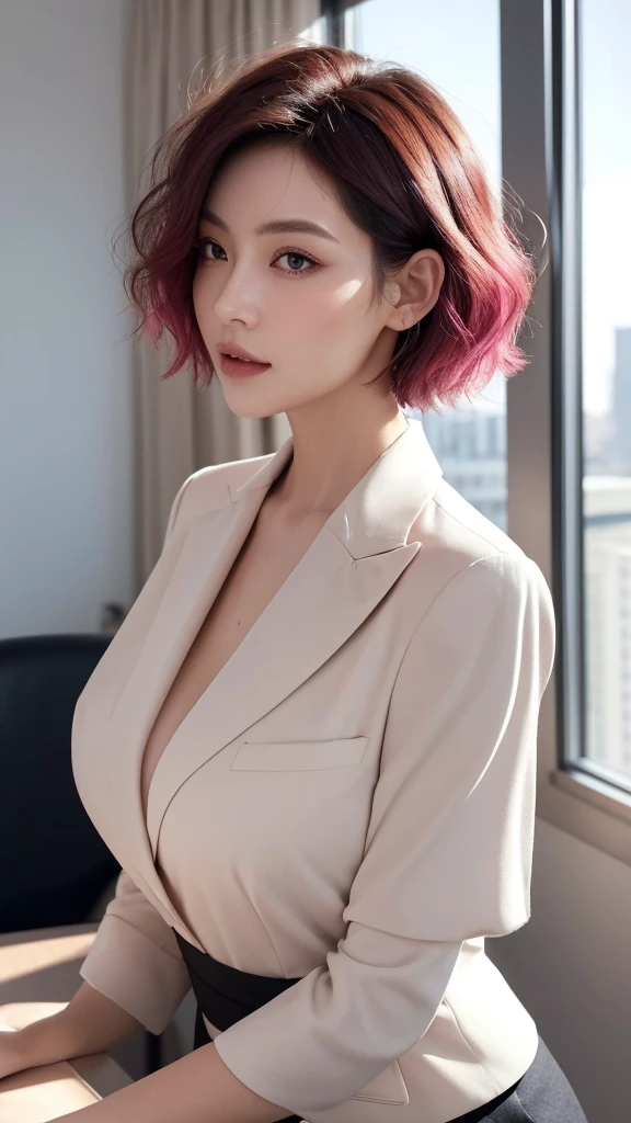 In a high-rise office bathed in brilliant sunlight, a woman exudes an aura of cool sophistication, her distinctive hairstyle making a bold statement. She has a chic, pink short haircut, a color that contrasts strikingly with her composed demeanor. The ends of her hair are softly curled, adding a subtle elegance and refinement to the vibrant shade. These curls, along with the gentle fading at the tips, create a sophisticated and modern look, perfectly complementing her high-cold temperament. Her makeup is understated yet impeccable, enhancing her natural beauty without overshadowing her striking hair. Dressed in a crisp shirt and tailored suit, she presents an image of professional poise and style. The combination of her cool, aloof demeanor, the stylish cut and color of her hair, and her polished business attire, set against the backdrop of a sunlit office, creates a compelling portrait of a confident and successful professional woman