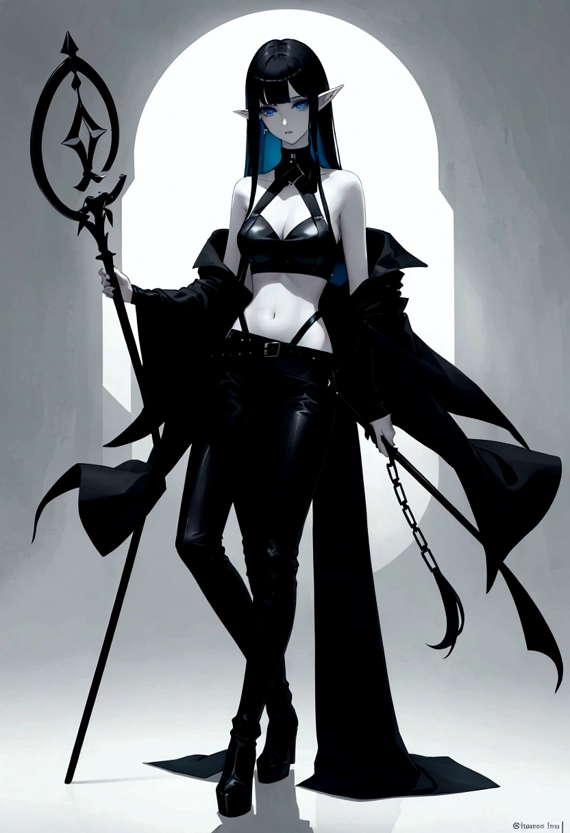 full body A slender half-elf, her pale skin reflects a bluish tone, her long “black hair” like the night runs down her back, the well-defined bangs highlight her crystalline blue eyes, which reflect the purity of her gaze. To the Slightly pink cheeks highlight the full lips of a large magic staff toned in a light orange tone. Wearing a black fabric crop top that is held together by two leather straps that connect to a triangular leather collar. The black pants are held up by a large leather belt where a black flute is located. The long boots reach close to the knee, they are made of leather and held together by two leather straps.