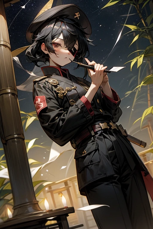 Tanabata。Chuunibyou。{Wearing a black eyepatch}。military cap。A girl with short black hair。Wearing black military uniform。Fluttering cloak。Writing a wish on a strip of paper at the shrine。The bamboo is swaying。Imperial City Sky、You can see the beautiful starry sky。