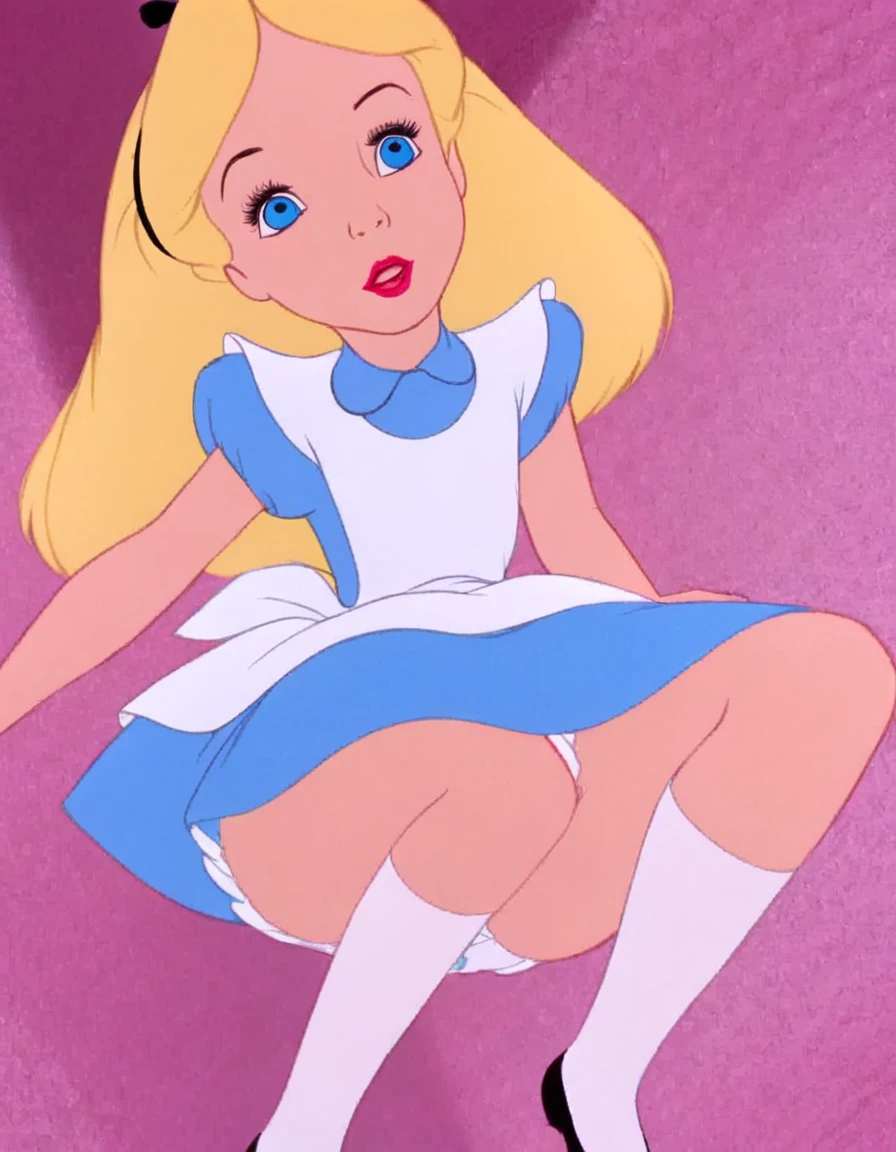 wxaliwonlan, 1girl, solo, long hair, blue eyes, blonde hair, alice (alice in wonderland), disney cartoon, masterpiece, best quality, upskirt view, view from below, white panties