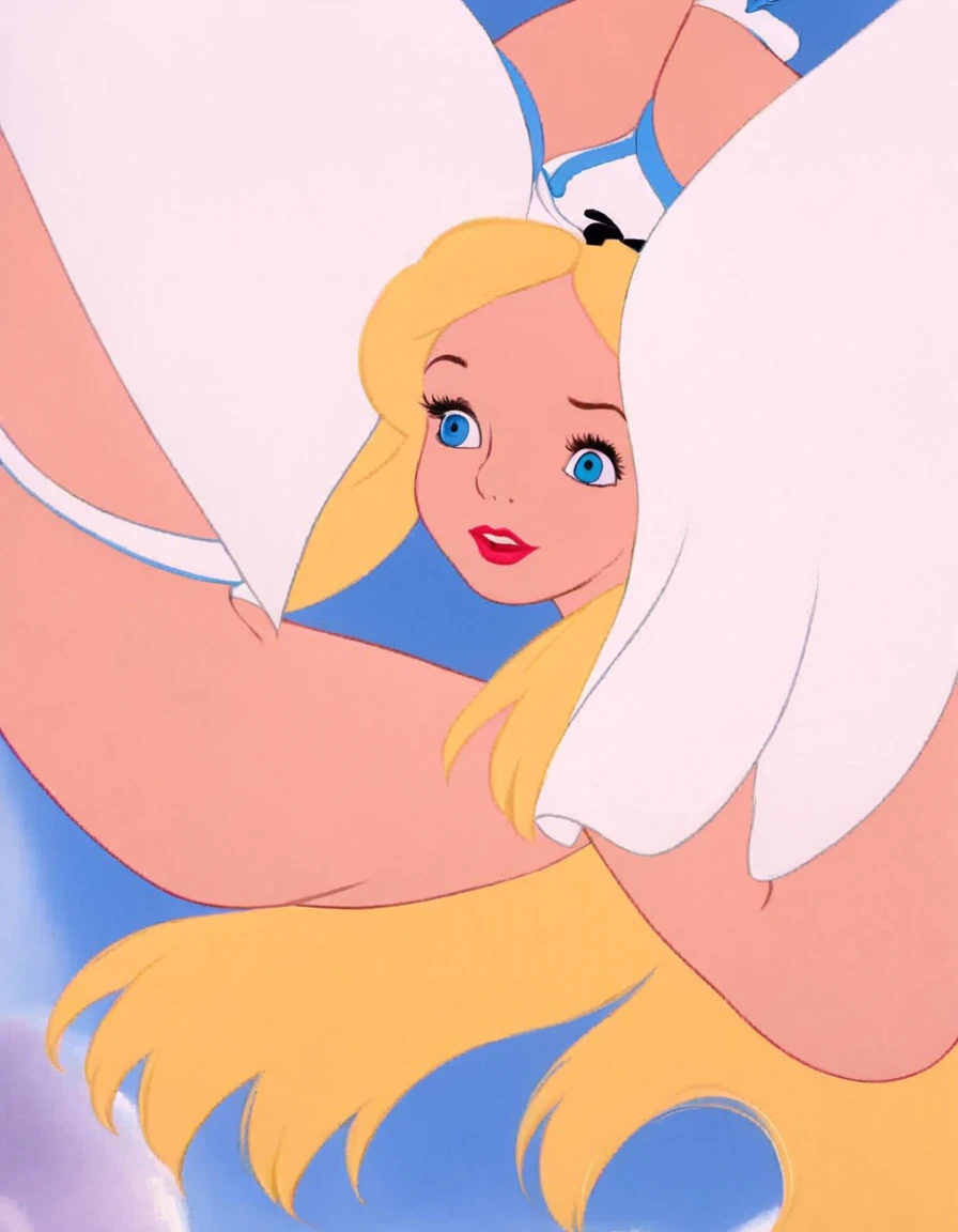 wxaliwonlan, 1girl, solo, long hair, blue eyes, blonde hair, alice (alice in wonderland), disney cartoon, masterpiece, best quality, upskirt view, view from below, white panties