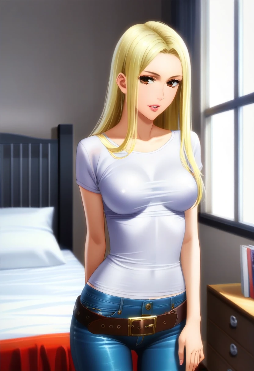 score_9_up, score_8_up, score_7_up, 1girl, solo, mature female,((Tsukumo Yuki)), ((blonde long hair)), brown eyes, pink lips, parted lips, fit slim body,(((perfect erected medium breast))) (((black tight tank, tight jeans, belt))), (((highly detailed bedroom, window, bed))), perfect fit model body, seductive pose