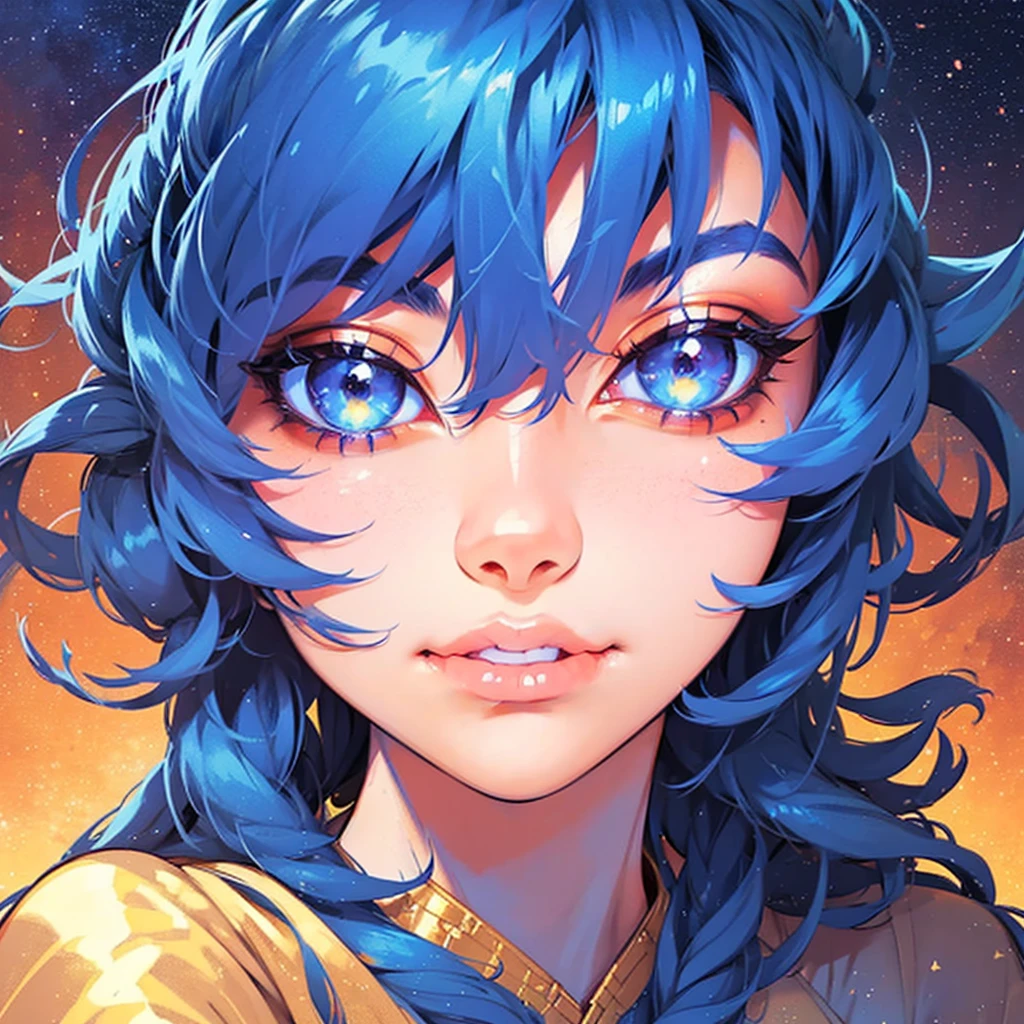 anime girl with stars and gold eyes and blue hair, stars in her eyes, stars in her gazing eyes, neoartcore and charlie bowater, stunning anime face portrait, golden shining eyes, starlit shining eyes, glowing magical eyes, beautiful celestial mage, magical glowing eyes, stars are hidden in the eyes, magical eyes, starry eyes, anime art nouveau cosmic display