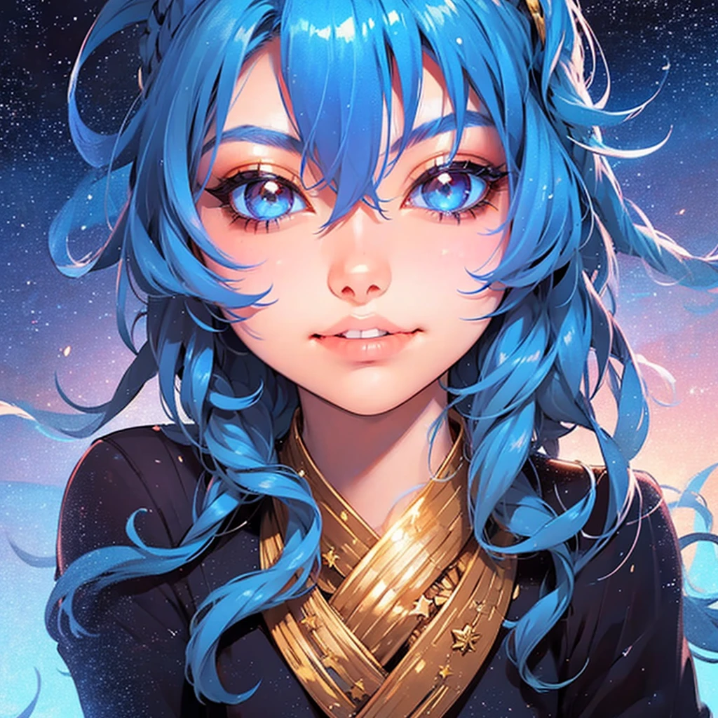 anime girl with stars and gold eyes and blue hair, stars in her eyes, stars in her gazing eyes, neoartcore and charlie bowater, stunning anime face portrait, golden shining eyes, starlit shining eyes, glowing magical eyes, beautiful celestial mage, magical glowing eyes, stars are hidden in the eyes, magical eyes, starry eyes, anime art nouveau cosmic display