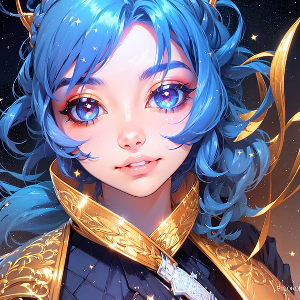 anime girl with stars and gold eyes and blue hair, stars in her eyes, stars in her gazing eyes, neoartcore and charlie bowater, stunning anime face portrait, golden shining eyes, starlit shining eyes, glowing magical eyes, beautiful celestial mage, magical glowing eyes, stars are hidden in the eyes, magical eyes, starry eyes, anime art nouveau cosmic display