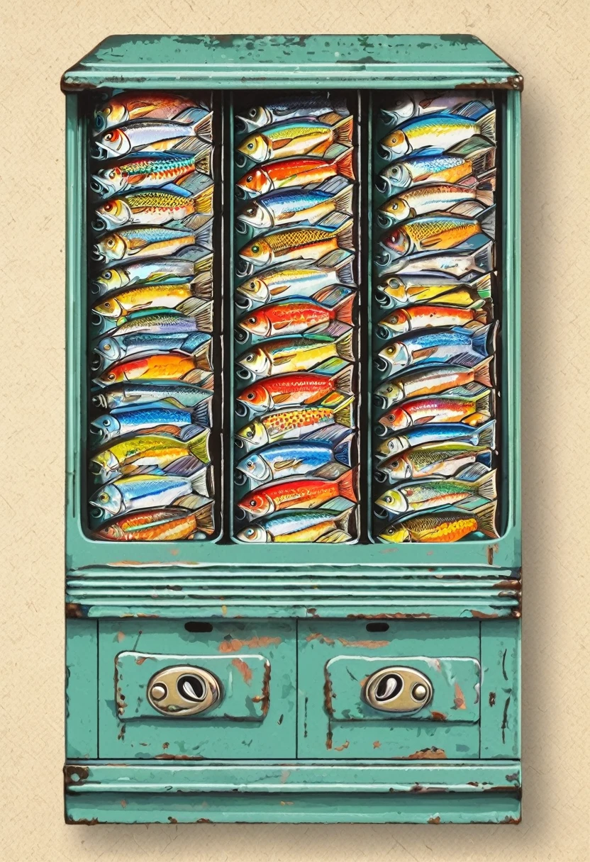 Brand new drawer type tinned fish vending machine, ring pull cans, kaws, fl4tstyle3, flat, 2 colour, full frontal, contemporary style, ((detailed and expressive)), fine art style, lots of fine lines and full colour shading style, muted colours, full background with detailed line art