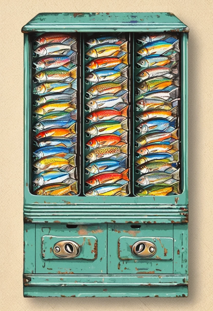 Brand new drawer type tinned fish vending machine, ring pull cans, kaws, fl4tstyle3, flat, 2 colour, full frontal, contemporary style, ((detailed and expressive)), fine art style, lots of fine lines and full colour shading style, muted colours, full background with detailed line art