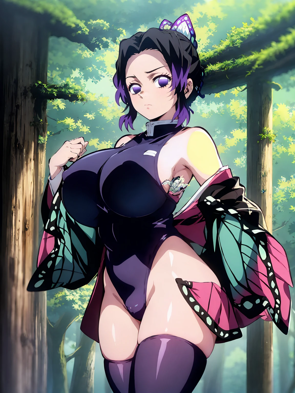 Kochou shinobu, 4k, absurd, high resolution, very high resolution, high definition, masterpiece, Short hair, purple hair, Separate bangs, Hair Adorno, Butterfly hair ornament, Purple eyes, Slayer Demon Uniform, sleeveless, black high-leg leotard, zettai ryouiki black thighhighs, cowboy shot, looking_at_viewer, serious, (angry:0.6), closed mouth, hairy natural public hair, natural armpit hair, huge_breast, side boob, erect nipples, standing, holding a japanease sword, (skinny, short stack), in the dark forest, night