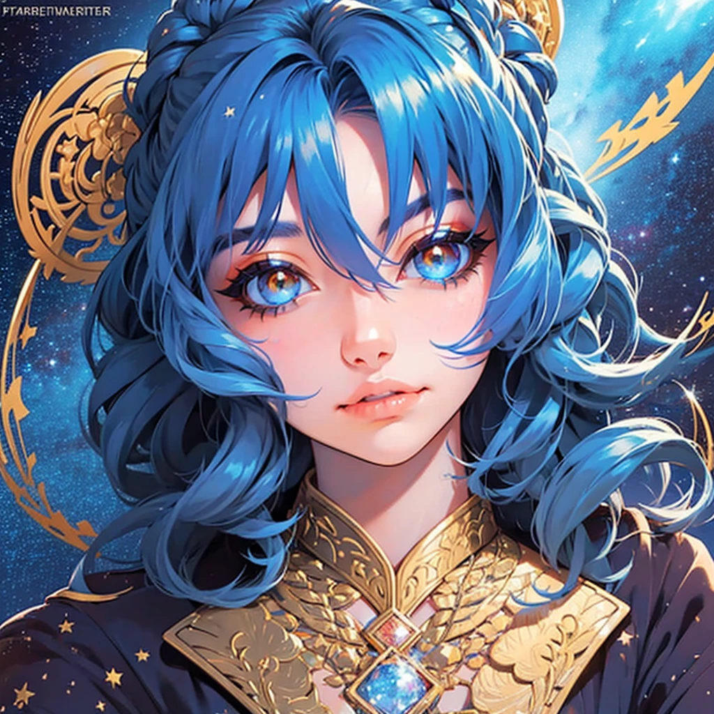 anime girl with stars and gold eyes and blue hair, stars in her eyes, stars in her gazing eyes, neoartcore and charlie bowater, stunning anime face portrait, golden shining eyes, starlit shining eyes, glowing magical eyes, beautiful celestial mage, magical glowing eyes, stars are hidden in the eyes, magical eyes, starry eyes, anime art nouveau cosmic display