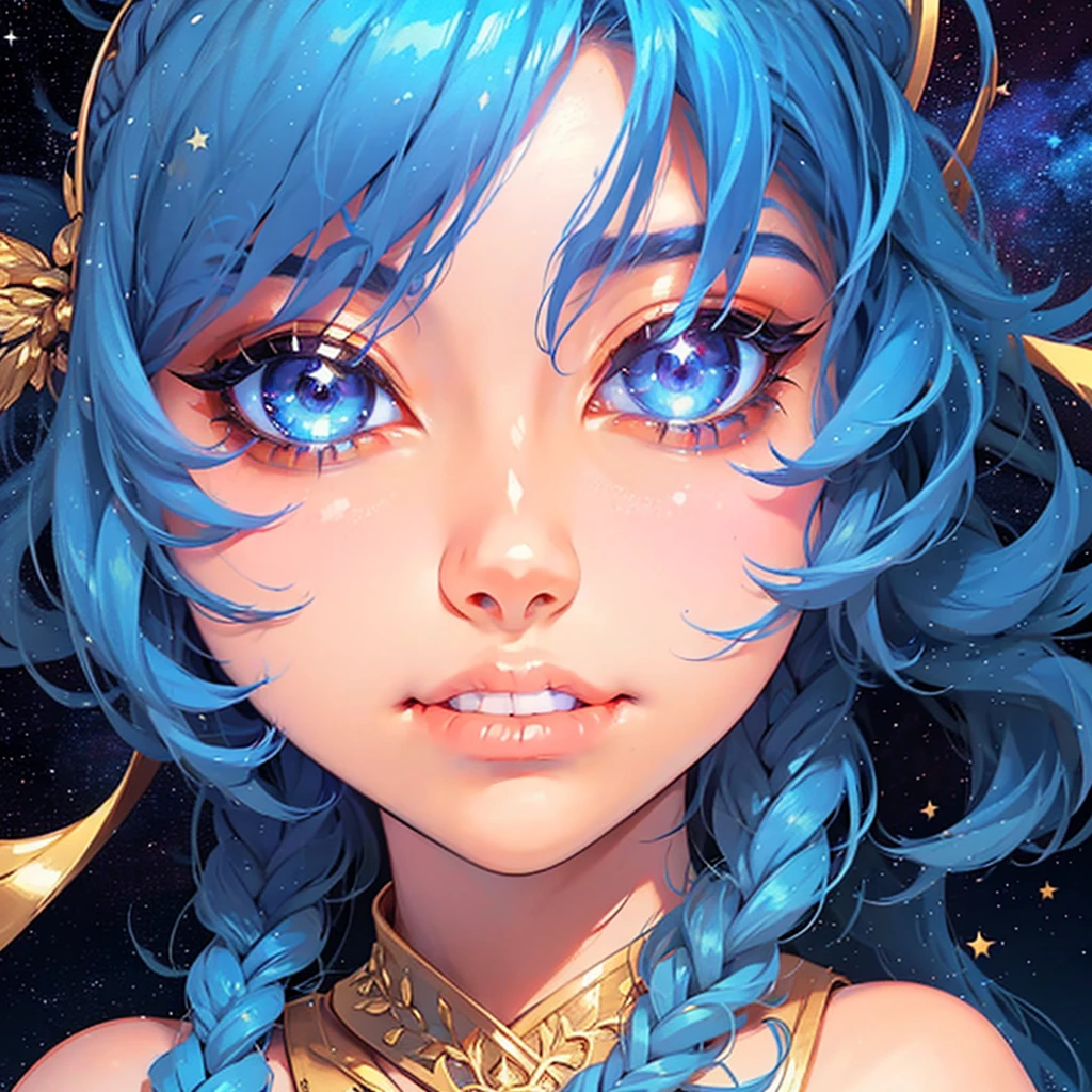 anime girl with stars and gold eyes and blue hair, stars in her eyes, stars in her gazing eyes, neoartcore and charlie bowater, stunning anime face portrait, golden shining eyes, starlit shining eyes, glowing magical eyes, beautiful celestial mage, magical glowing eyes, stars are hidden in the eyes, magical eyes, starry eyes, anime art nouveau cosmic display