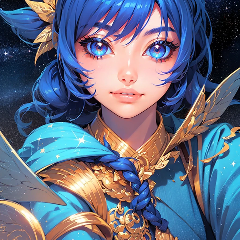 anime girl with stars and gold eyes and blue hair, stars in her eyes, stars in her gazing eyes, neoartcore and charlie bowater, stunning anime face portrait, golden shining eyes, starlit shining eyes, glowing magical eyes, beautiful celestial mage, magical glowing eyes, stars are hidden in the eyes, magical eyes, starry eyes, anime art nouveau cosmic display