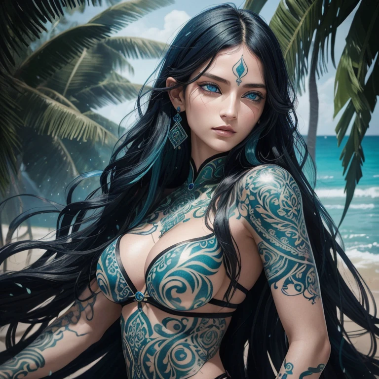 A digitally illustrated beautiful y female character with striking blue eyes, long wavy black hair, and intricate tattoos on her arm. Hans Darias AI. She has a mystical aura, accentuated by the glowing green and blue elements in her hair and the vibrant patterns on her tattoo. The background appears to be a serene beach setting with soft lighting.