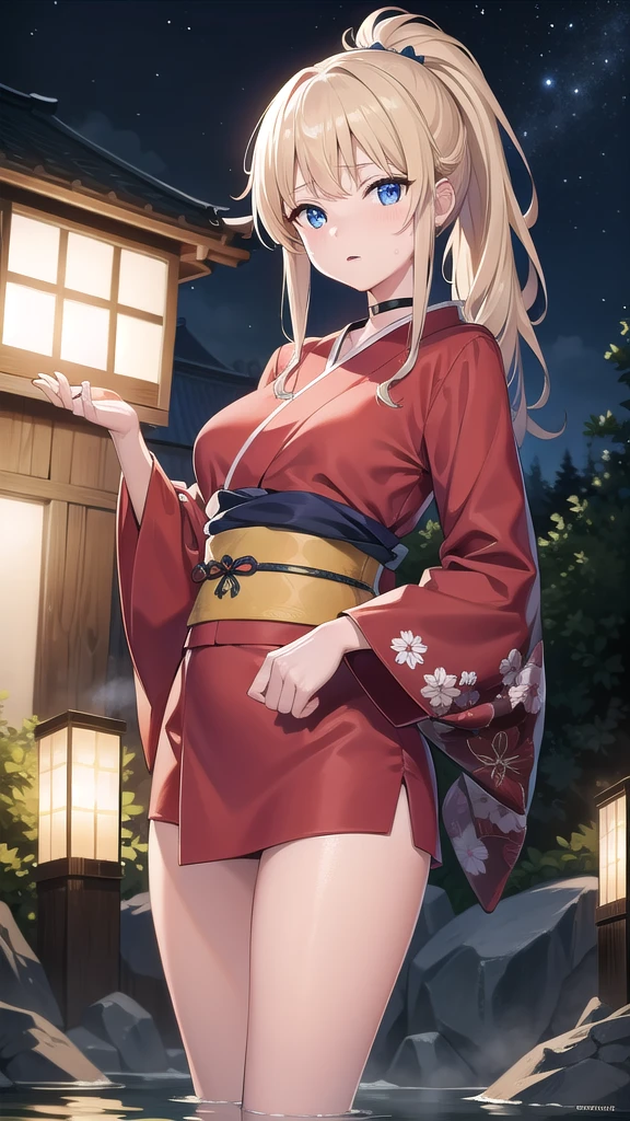 beatrixamerhauser, beatrix amerhauser, long hair, blue eyes, blonde hair,ponytail, (medium breast:1.2),
BREAK japanese clothes,red kimono,wet kimano, yukata,cleavege,neckline,black choker,
BREAK looking at viewer,
BREAK outdoors, onsen,night,steam,wet,stars,starfall,hot water,
BREAK (masterpiece:1.2), best quality, high resolution, unity 8k wallpaper, (illustration:0.8), (beautiful detailed eyes:1.6), extremely detailed face, perfect lighting, extremely detailed CG, (perfect hands, perfect anatomy),full body,transparent kimano,long legs,from below,