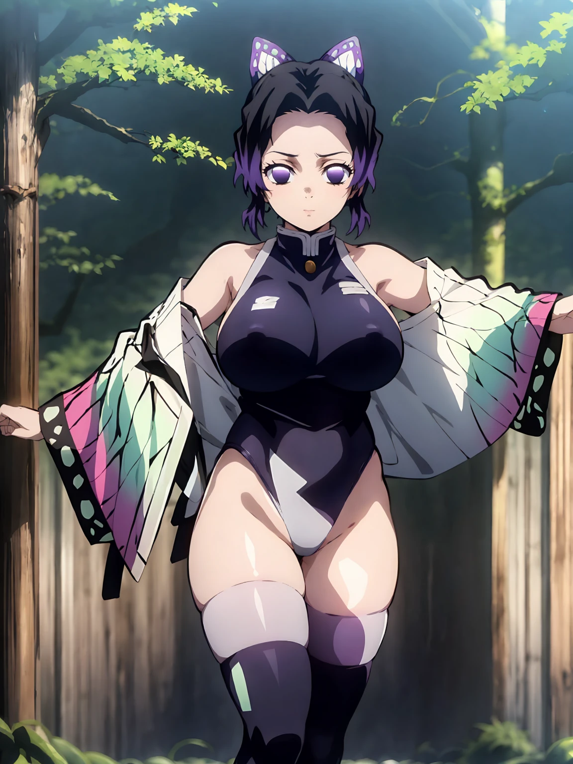 Kochou shinobu, 4k, absurd, high resolution, very high resolution, high definition, masterpiece, Short hair, purple hair, Separate bangs, Hair Adorno, Butterfly hair ornament, Purple eyes, Slayer Demon Uniform, sleeveless, black high-leg leotard, zettai ryouiki black thighhighs, cowboy shot, looking_at_viewer, serious, (angry:0.6), closed mouth, hairy natural public hair, natural armpit hair, huge_breast, side boob, erect nipples, standing, holding a japanease sword, (skinny, short stack), in the dark forest, dark night