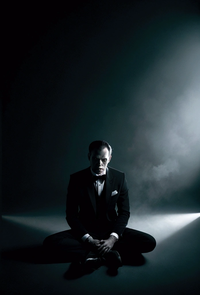 Horror pictures of a man in a black suit sitting on the floor against a smoky black background