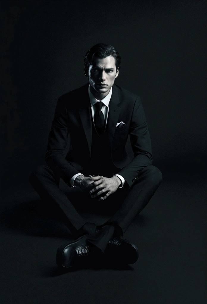 Horror pictures of a man in a black suit sitting on the floor against a smoky black background