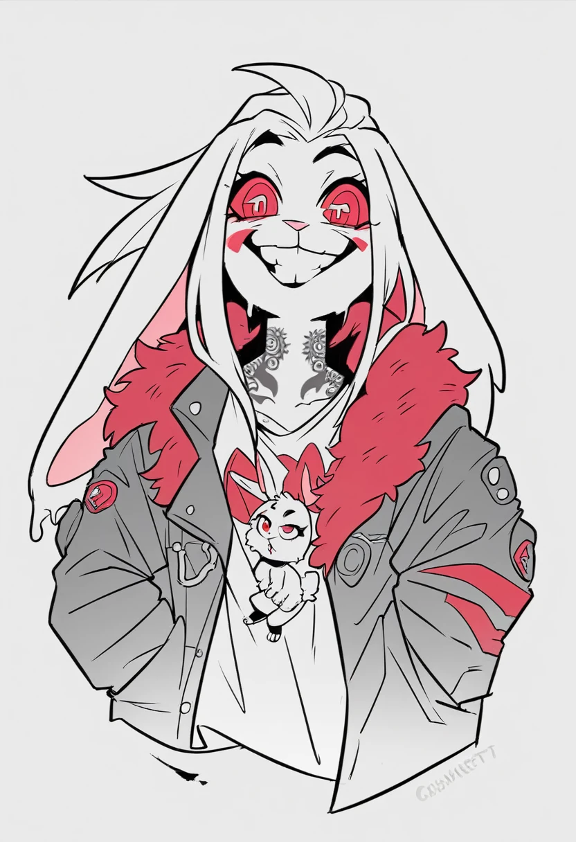 body of a lop-eared rabbit,thin build, sinewy, Elongated, looks like a toy or cartoon character. Eternal smile, absorbs food through teeth. The coat color is snow-white with red stripes in the form of tattoos, a large red diamond is depicted on the head