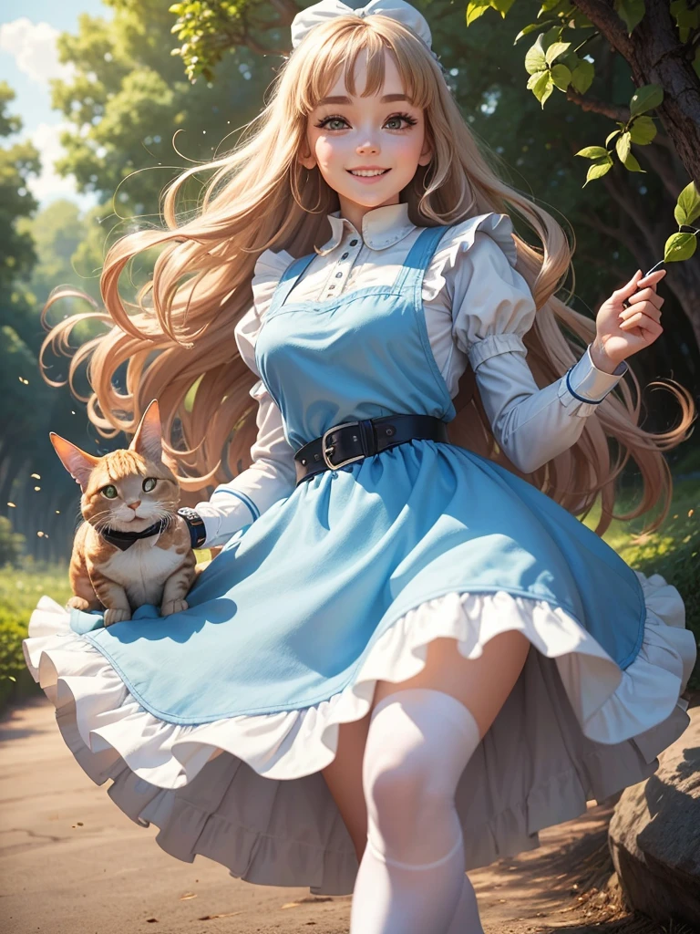 Best picture quality, detailed eyes, long eyelashes, Alice in Wonderland story world, light blue dress and white apron, white tights and shoes with black belt,  in Alice in Wonderland costume, holding a pear in her right hand, smiling very happily, amazingly large round shining eyes,long eyelashes, chestnut hair, friendly and bright smile, a card soldier, a chisha cat and a rabbit with a watch,