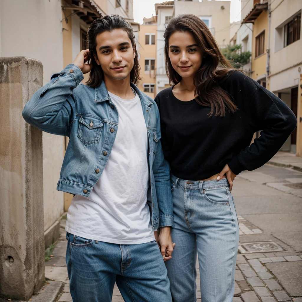 casal feliz, age 25, wearing cool clothes, Pose for Photos.