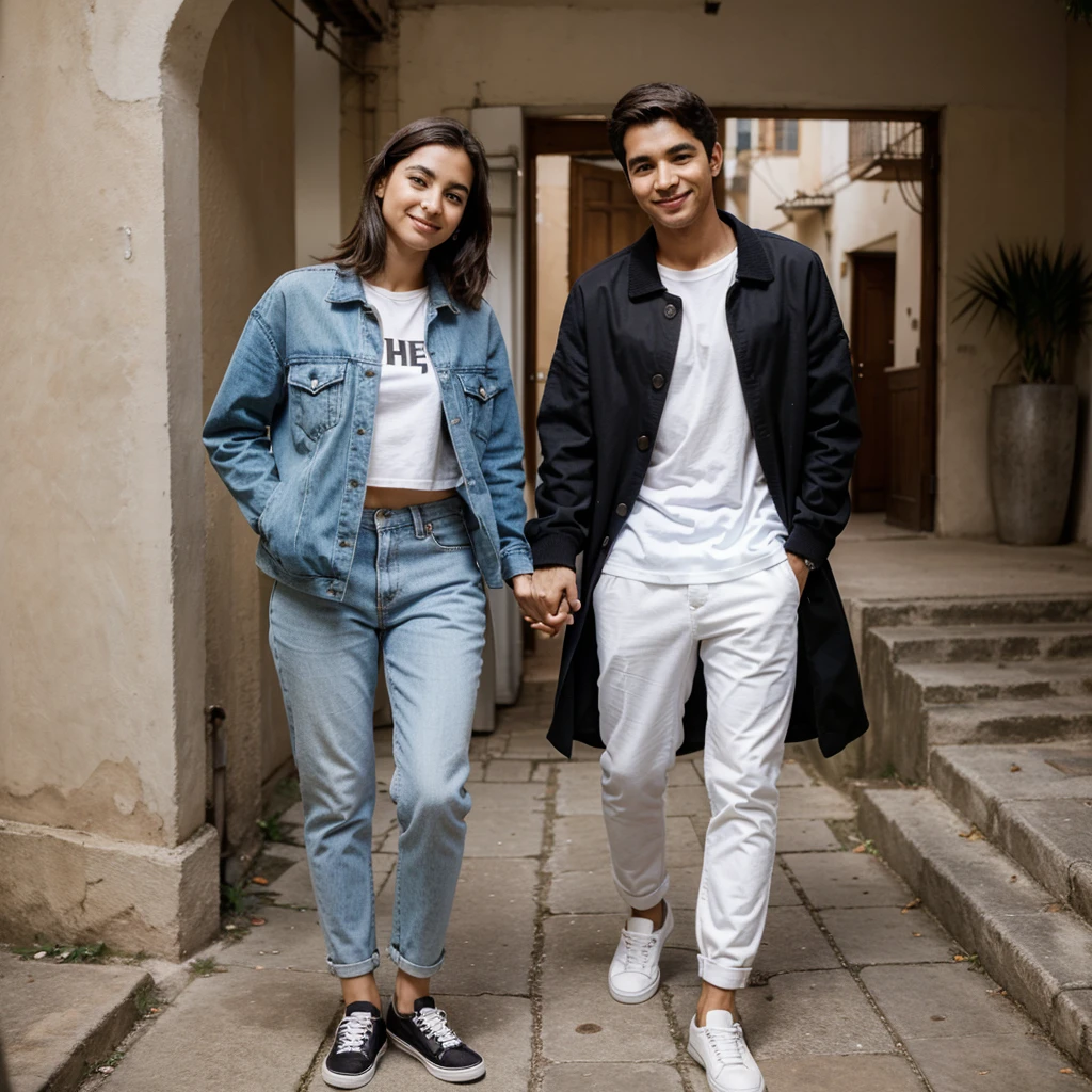 casal feliz, age 25, wearing cool clothes, Pose for Photos.